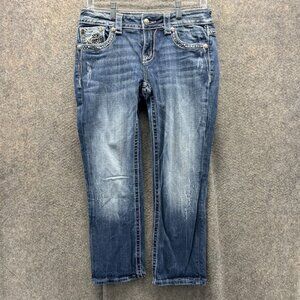 Miss Me Jeans Womens 28 Blue Easy Capri Distressed Embroidered Lace Denim Pants